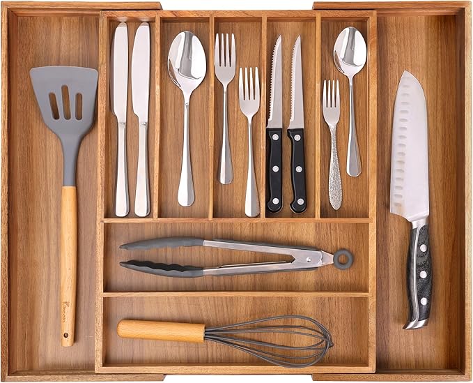 Bellsal Large Premium Acacia Wood Silverware Organizer - Expandable Utensil Drawer Organizer - 17"x19.6" Utensil Holder and Cutlery Tray with Grooved for Kitchen Flatware Utensils(7-9 Slot, Acacia)-Ruum Studio Home
