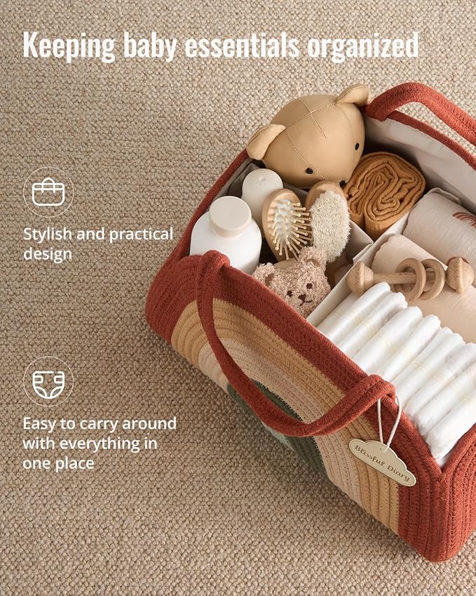 Blissful Diary Baby Diaper Caddy Organizer, Cotton Rope Diaper Caddy Basket, Large Storage Basket, Gift for Baby Shower, Newborn Essentials, Rustic Rainbow-Ruum Studio Home