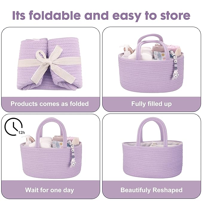 Baby Diaper Caddy Organizer Cotton Rope Nursery Storage Bin Basket Portable Holder Tote Bag for Changing Table Car Travel Baby Shower Gifts Newborn Essentials Registry Must Have Purple or Lavender-Ruum Studio Home