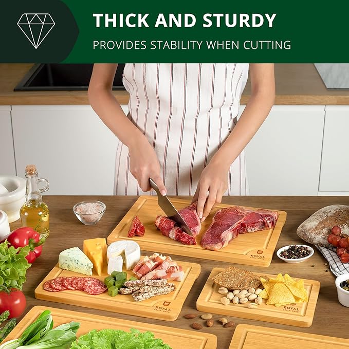 ROYAL CRAFT WOOD Wooden Serving Boards for Kitchen Meal Prep&Bamboo Wood Cutting Board Set with Deep Juice Groove Side Handles-Charcuterie & Chopping Butcher Block for Meat-Kitchen Gadgets Gift (5Pcs)-Ruum Studio Home