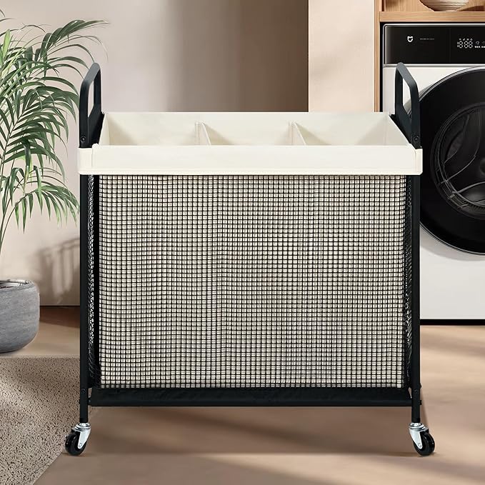 STO STO Laundry Hamper 3 Section, 120L Rolling Laundry Sorter Cart with Removable and Washable Liner Bag, Rolling Clothes Hamper with Metal Handle for Laundry Room and Bedroom-Ruum Studio Home
