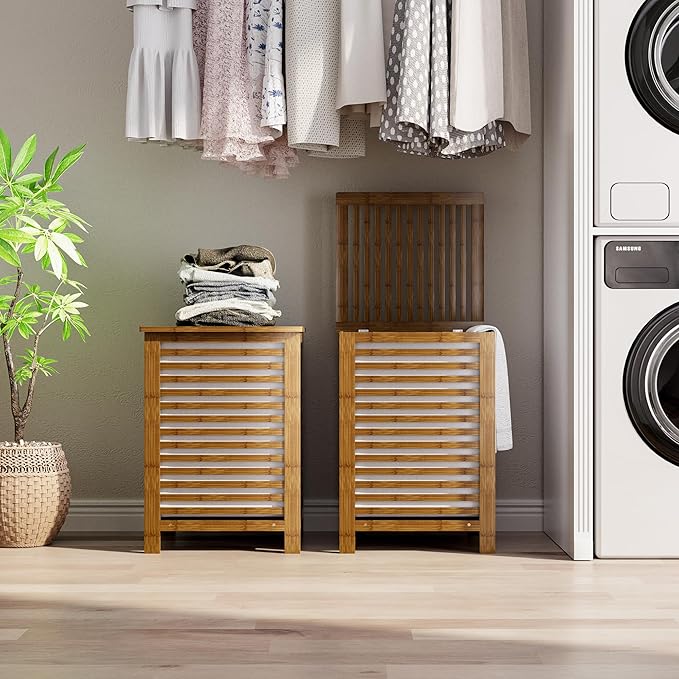SMIBUY Double Laundry Hamper with Lid, 120L Bamboo Laundry Basket with Removable Liner Bag, 2-Section Clothes Divider Laundry Sorter for Laundry Room, Bathroom, Bedroom (Walnut)-Ruum Studio Home