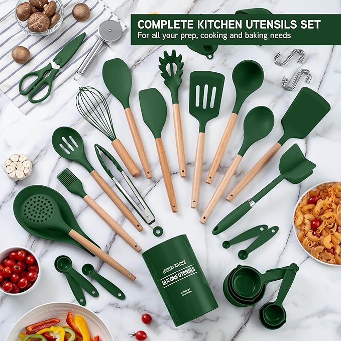 Country Kitchen Non Stick Silicone Utensil Set with Rounded Wood Handles for Cooking and Baking, 38 Piece Set, Green-Ruum Studio Home