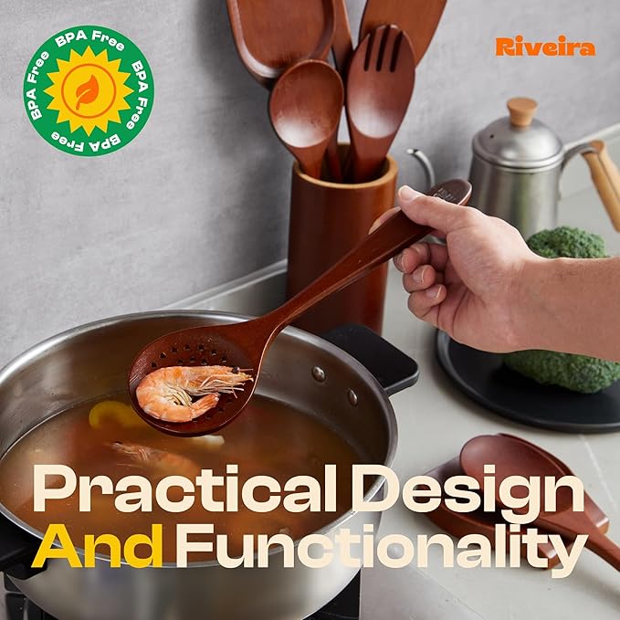 Riveira Set of 9 Premium Brown Bamboo Cooking Utensils - Bamboo Utensils for Cooking - Non-Toxic Utensils - Wooden Kitchen Set for Non-Stick Cookware-Ruum Studio Home