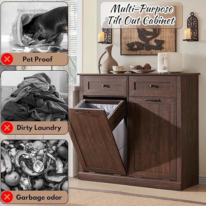 Double Tilt Out Laundry Hamper Cabinet, 20 Gallon Farmhouse Trash Can Cabinet with Drawer, Hidden Wood Garbage Can Bin Cabinet with Laundry Storage Basket for Bathroom, Kitchen, Brown-Ruum Studio Home