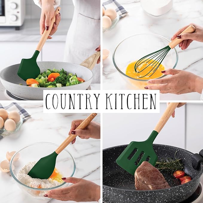 Country Kitchen Non Stick Silicone Utensil Set with Rounded Wood Handles for Cooking and Baking, 38 Piece Set, Green-Ruum Studio Home