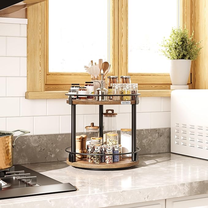 Lazy Susan Organizer, Rotating Spice Rack, 2 Tier Spice Turntable Organizer, Industrial Turntable Spice Holder, for Kitchen Countertop and Cabinet, Compact and Versatile, Rustic Brown SR22BR-Ruum Studio Home
