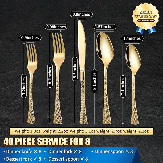 Hammered Gold Silverware Set for 8,Stainless Steel 40-Piece Modern Cutlery Set,Mirror Polished Heavy Duty Flatware Set Utensil Set,Knives Spoons and Forks Set,Dishwasher Safe-Ruum Studio Home