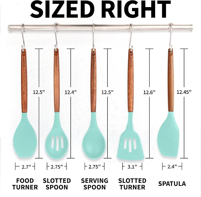 Zulay Kitchen Non-Stick Cooking Utensils Set with Authentic Acacia Wood Handles – 5-Piece Durable & Stylish Silicone Kitchen Utensils Set – Heat Resistant to 464°F – Aqua-Ruum Studio Home