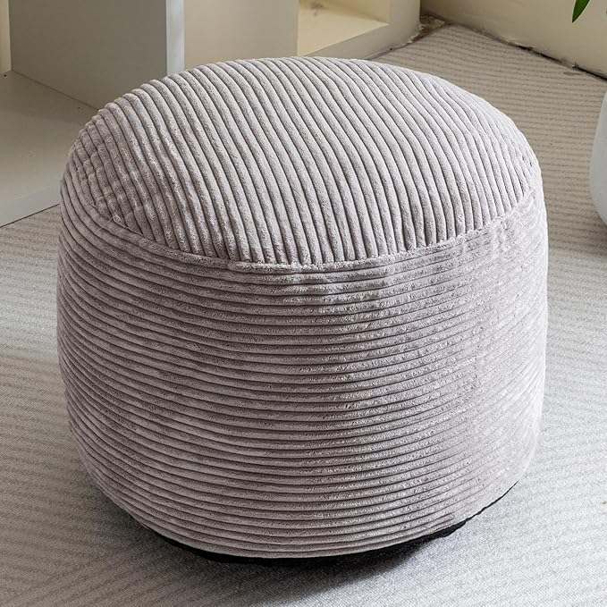 HIGOGOGO Round Stuffed Pouf Ottoman, Corduroy Poufs with Foam Chunk Filling, Furry and Fluffy Pouf Foot Stool Storage Ottoman, 26 X 18 Floor Poufs Foot Rest for Living Room, Grey-Ruum Studio Home