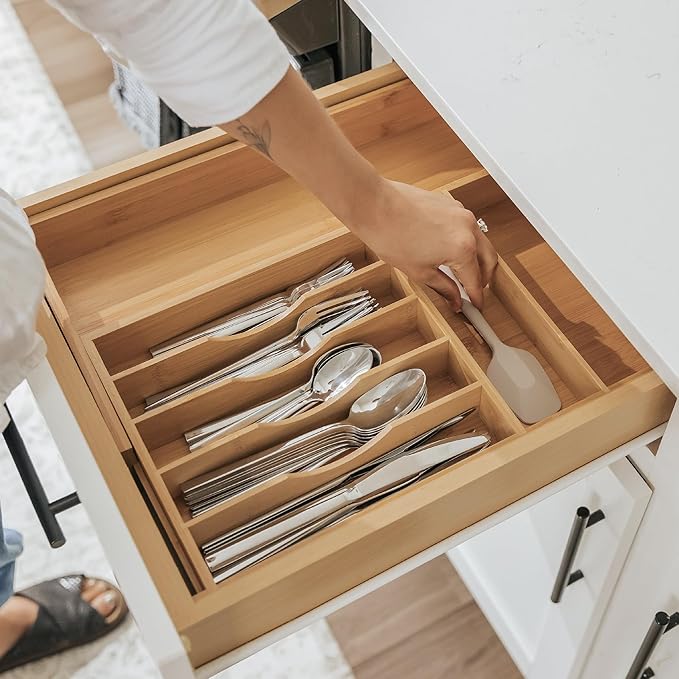 Premium Silverware, Flatware and Utensil Organizer for Kitchen Drawers, Food-Safe Contract Grade, Expandable from 10.5 to 19 In, Natural Bamboo-Ruum Studio Home
