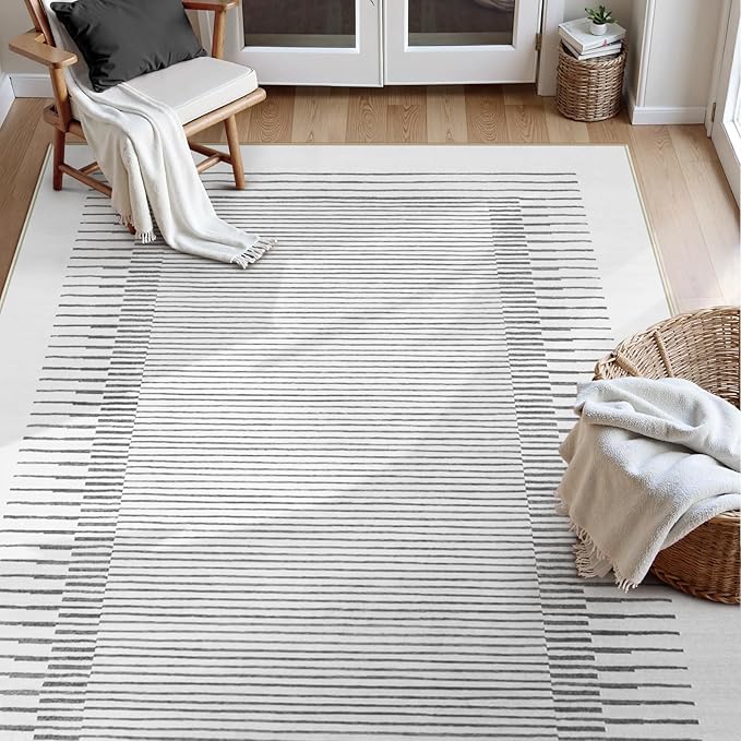 Wonnitar 5x7 Washable Striped Living Room Area Rug, Non-Slip Grey Boho Rugs for Bedroom, Low Pile Soft Minimalist Floor Carpets for Dining Room Home Office (Grey,5' x 7')-Ruum Studio Home