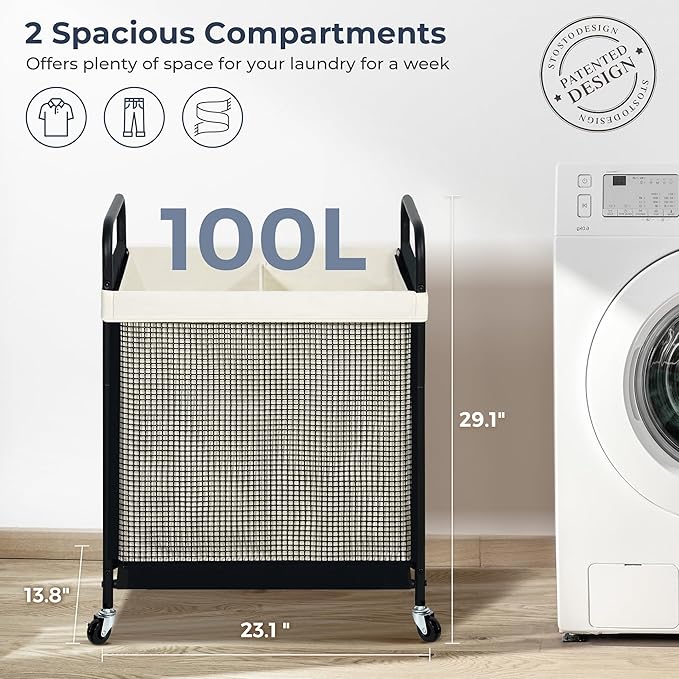 STO STO Laundry Hamper 2 Section, 100L Rolling Laundry Sorter Cart with Removable and Washable Liner Bag, Rolling Clothes Hamper with Metal Handle for Laundry Room and Bedroom-Ruum Studio Home
