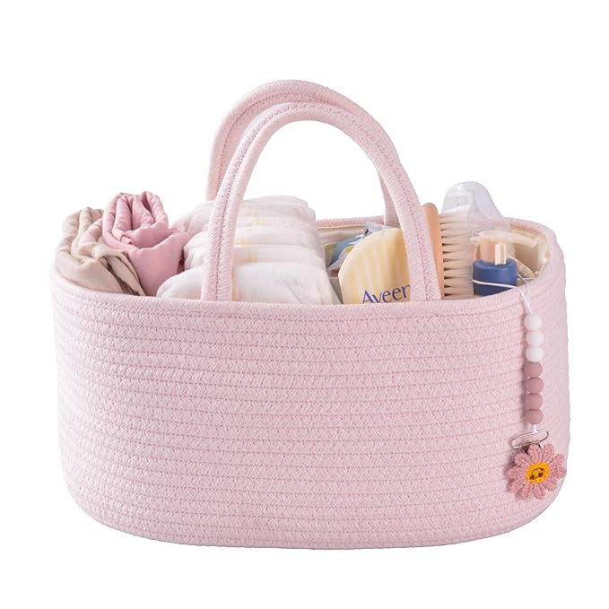 Baby Diaper Caddy Organizer for Girl Boy Rope Nursery Storage Bin Basket Portable Holder Tote Bag for Changing Table Car Travel Baby Shower Gifts Newborn Essentials Registry Must Have Items Pink-Ruum Studio Home