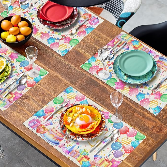 Happy Birthday Placemats Set of 4 Colorful Balloons Confetti Cake Linen Table Mats 12x18 Inch Birthday Party Place Mats for Kitchen Dining Outdoor Indoor Decorations-Ruum Studio Home