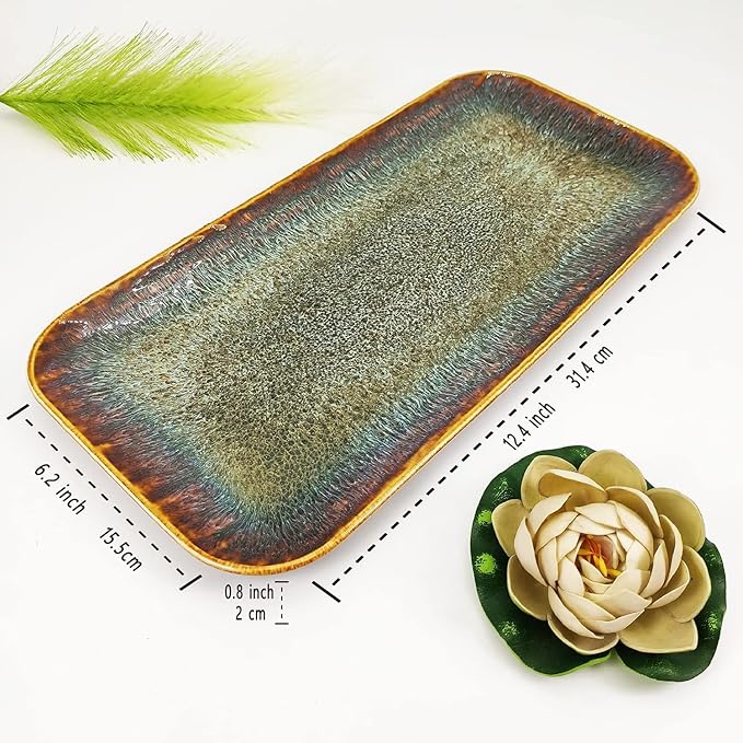 Ceramic Dinner Plates Dish Set, Set of 4, Microwave Oven and Dishwasher Safe,Scratch Resistant, Dinnerware Kitchen Porcelain Serving Dishes Brown glaze change, 12.4 Inch Rectangle plate-Ruum Studio Home