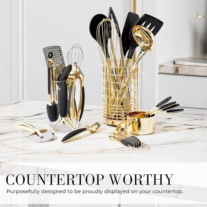 Black and Gold Kitchen Utensils Set - 23-Piece Luxury Kitchen Accessories Includes Gold Measuring Cups, Spoons, Silicone Cooking Utensils and Tools for Baking, Cooking, and Stylish Kitchen Decor-Ruum Studio Home
