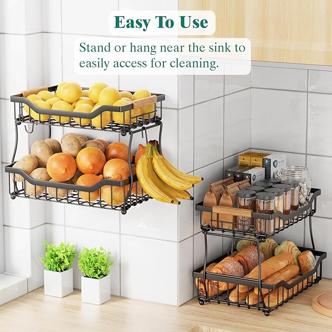Giwil 2 Tier Countertop Fruit Basket for Kitchen, Vegetable Storage Bread Fruit Bowl Stand with 2 Banana Hangers, Wall Mounted Metal Wire Basket Organizer for Potato Onion, Black-Ruum Studio Home