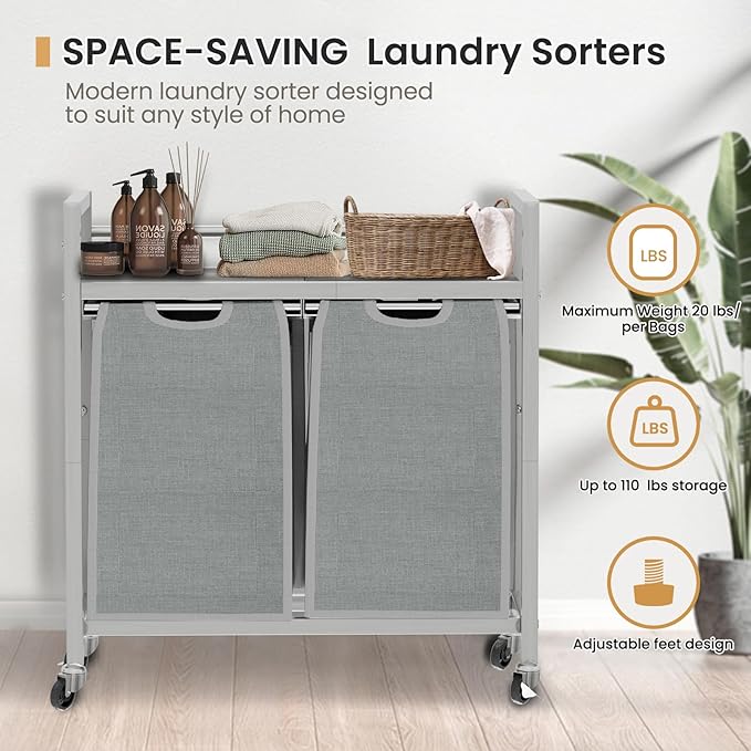 Laundry Hamper, Laundry Basket, Laundry Sorter with 3 Removable Bags, Clothes Basket with 3 Compartments, Wheels, Shelf for Laundry Room Bathroom Bedroom (2 Bags-Gray)-Ruum Studio Home