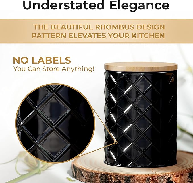 Pebble & Stem® Black Metal Canister Set for the Kitchen Counter, Food Canister Set of 4, Airtight Lids, Sugar and Flour Containers for Countertops, Coffee and Tea Storage, Farmhouse Decor-Ruum Studio Home