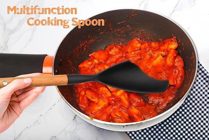 Silicone Cooking Utensils Set, 6 Pack Large Kitchen Utensils Set with Wooden Handle, Heat Resistant Silicone Utensil Spatula Set for Nonstick Cookware, Spatula, Turner, Spoon, Ladle BPA Free (Black)-Ruum Studio Home