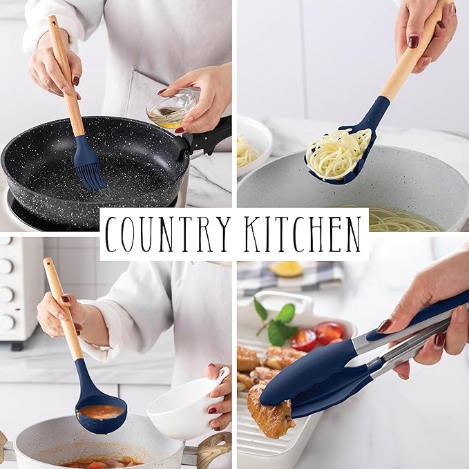 Country Kitchen Non Stick Silicone Utensil Set with Rounded Wood Handles for Cooking and Baking, 14 Piece Set, Navy-Ruum Studio Home