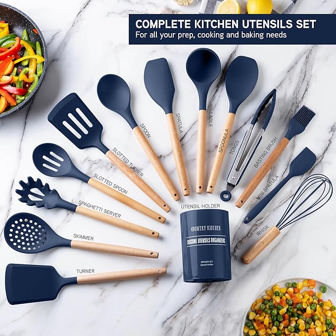 Country Kitchen Non Stick Silicone Utensil Set with Rounded Wood Handles for Cooking and Baking, 14 Piece Set, Navy-Ruum Studio Home