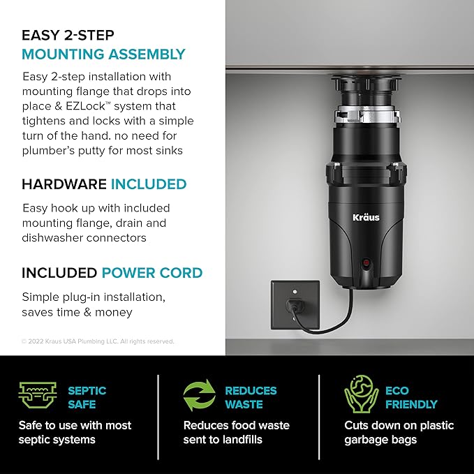 KRAUS WasteGuard 1/3 HP Ultra-Quiet Garbage Disposal with Quick Connect, Kitchen Sink Drain Cover, Power Cord and Flange Included, KWD100-33MBL-Ruum Studio Home