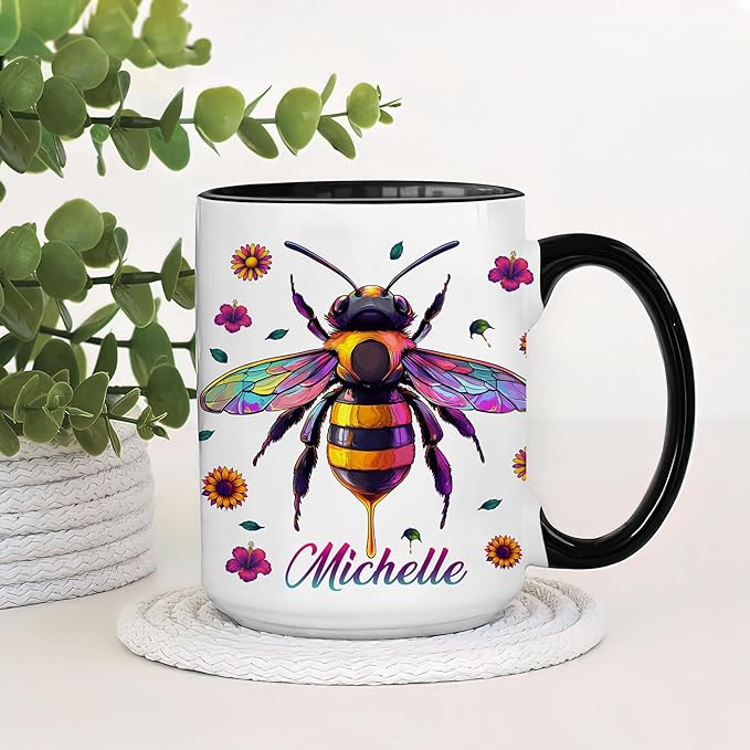Hyturtle Personalized Colorful Bee Mug - Bee Keeper Gifts For Women Lovers Teacher - Honey Gifts For Beekeeper Farmer On Birthday - Queen Honeycomb Decor - Custom Coffee Cup Ceramic Mug 11 Oz 15 Oz-Ruum Studio Home