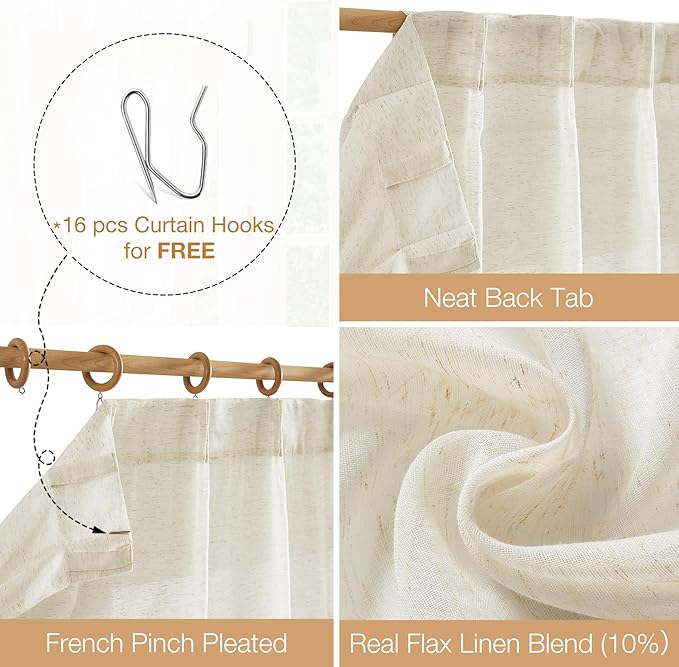 FMFUNCTEX Linen Sheer Pinch Pleated Curtains for Living Room, Linen Flax Beige 108 Inches Long Sheer Curtain See Through Panels for Bedroom, Natural Window Drapes for Farmhouse, Rod Pocket 2 Panels-Ruum Studio Home