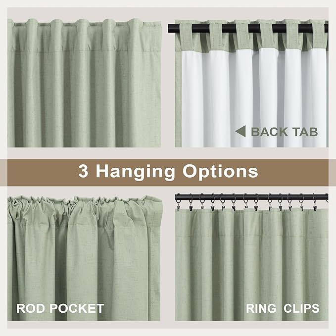 Sage Green Linen Curtains 108 Inches Long 2 Panel Set 100% Blackout Insulated Thermal Curtains for Summer Heat Blocking Light Green Drapes for Bedroom Living Room Sliding Door Rustic Country Farmhouse