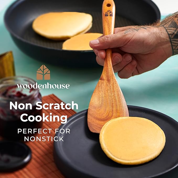 8 Pcs Teak Wooden Utensil Set with Holder, Spoon Rest & 6 Hooks - Durable Wooden Spoons for Cooking with Comfort Grip - Effortless Clean, Non-Stick Friendly-Ruum Studio Home