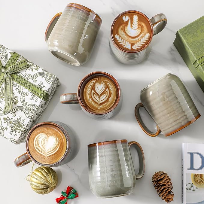 Hasense 12 oz Coffee Mugs, Ceramic Coffee Cups Set of 6, Stoneware Latte Mug with Large Handle for Coffee, Tea, Milk and Chocolate, Easy Hold & Clean, Dishwasher & Microwave Safe, Light Grey-Ruum Studio Home