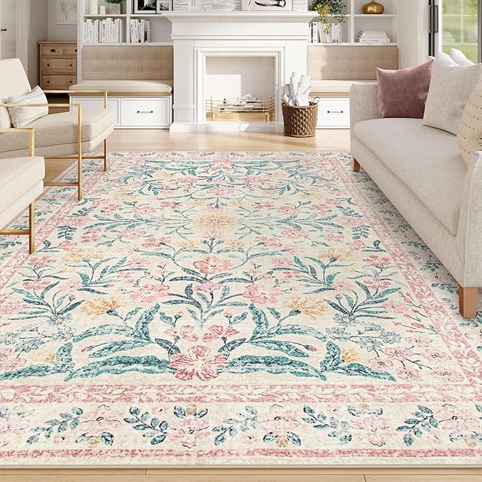 Wonnitar Floral Large Rugs for Living Room, Soft Light Pink Rug Washable 9x12 Carpet Non Slip, Boho Foldable Non-Shedding Kids Carpet for Bedroom Girls Nursery Dorm Playroom-Ruum Studio Home