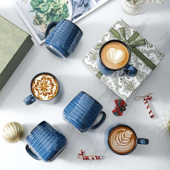 Hasense Espresso Cups 8 oz, Small Coffee Cups Set of 6, Ceramic Mugs with Handle for Coffee, Tea, Cappuccino and Mocha, Dishwasher & Microwave Safe, Blue-Ruum Studio Home