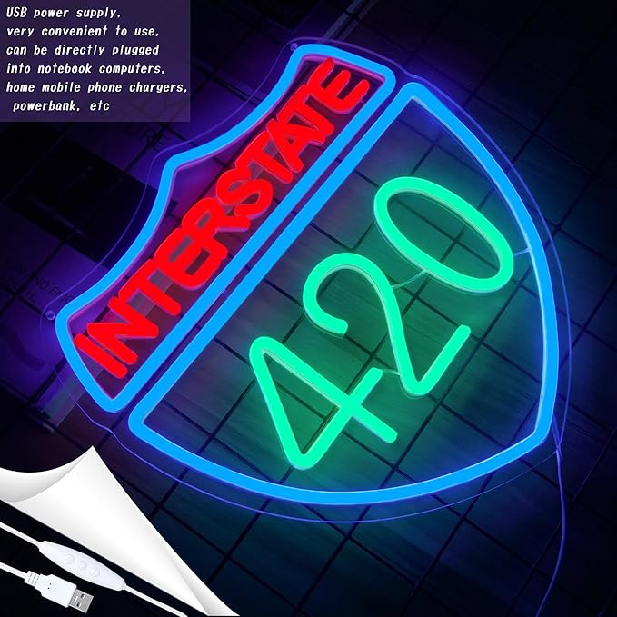 Interstate 420 Neon Sign Green Leaf Neon Signs for Wall Decor Dimmable 420 Theme Light Vintage Route Neon Light Sign for Game Room Man Cave Bar Decor Suitable Gift for Party Birthday(12.6 * 12.3inch)
