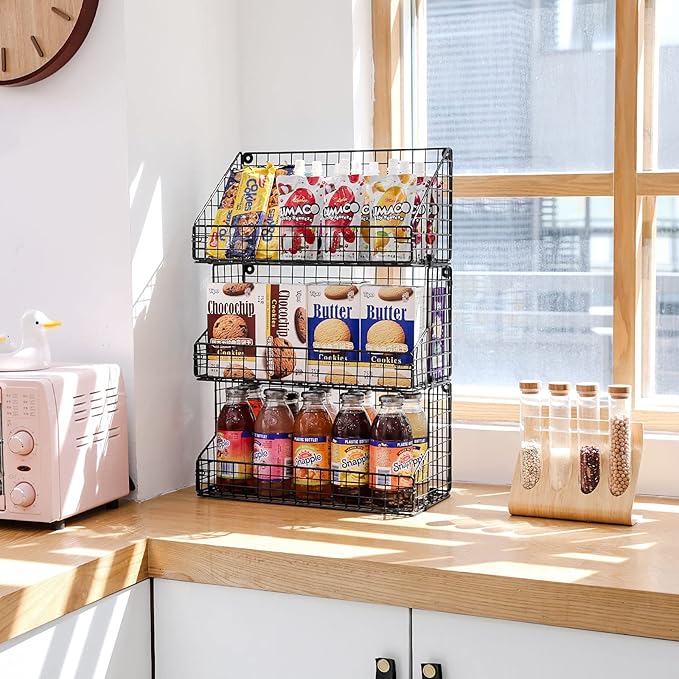 X-cosrack 3 Tier Large Stackable Snack Organizer - Versatile Wall Mounted Wire Storage Basket with Divider for Candy Chip Cans Bars - Ideal for Pantry Office Home-Ruum Studio Home