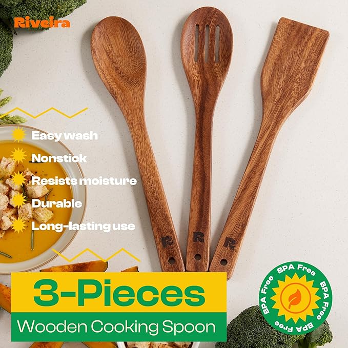 Riveira Walnut Wooden Spoons for Cooking Set of 3 – Natural Walnut Wooden Cooking Utensils, Spatula, Spoon - Premium Quality Utensil Set for Non-Toxic Cooking-Ruum Studio Home