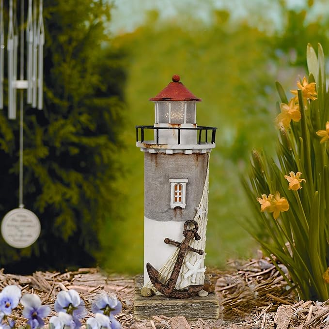 Linfevisi Wood Lighthouse Decor Rustic LED Light House Decor Wooden Decorative Nautical Lighthouse Statue Coastal Beach Themed Lighthouse Handcrafted Tabletop Decoration Home Bathroom (11.4")-Ruum Studio Home