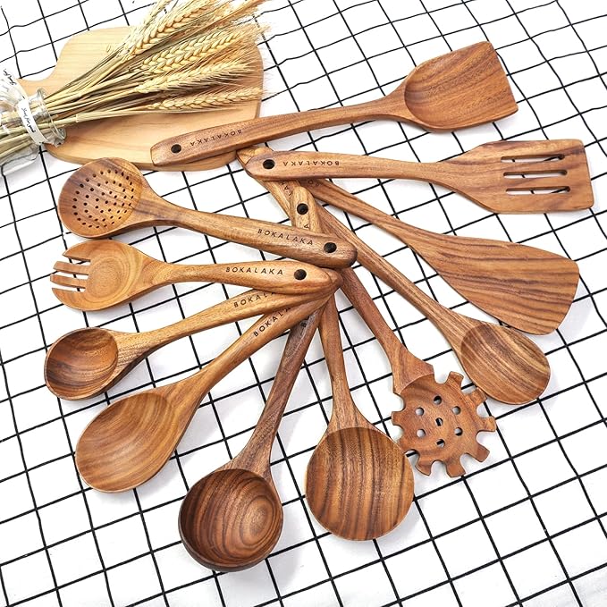 11 Pcs Wooden Kitchen Utensils Set - Wooden Spoons, Spatulas and More for Cooking-Ruum Studio Home