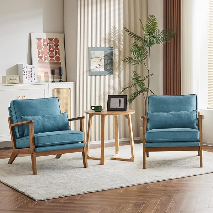 Karl home Accent Chair Wide Armrest Mid-Century Lounge Chair Linen Fabric Armchair with Lumbar Pillow & Solid Wood Frame for Living Room, Bedroom, Balcony, Cyan-Blue-Ruum Studio Home