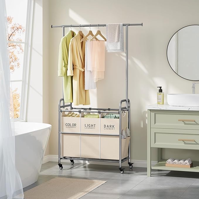 Tajsoon Laundry Hamper with Hanging Rack, 3 Section Laundry Sorter with Heavy Duty Lockable Wheels, Laundry Basket Organizer for Dirty Clothes Storage, 3 Beige-Ruum Studio Home