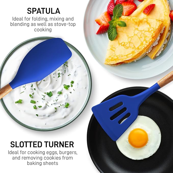 Zulay Kitchen Non-Stick Silicone Cooking Utensils Set with Acacia Wood Handles - 5 Piece Set - Heat Resistant to 464F - Dark Blue-Ruum Studio Home