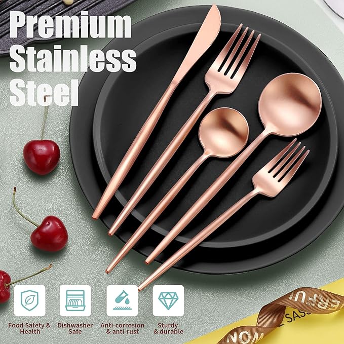 Matte Rose Gold Silverware Set for 6,Modern Stainless Steel Brushed Cutlery Set,30-Pieces Heavy Duty Flatware Set,Knives Spoons and Forks Set Utensils Set, Satin Finish, Dishwasher Safe-Ruum Studio Home