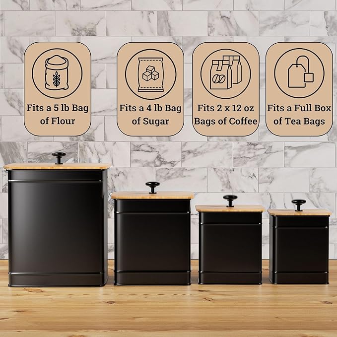 Kitchen Canisters for Countertop Set of 4 with Customizable Chalkboard Labels & Marker Pen - Big Iron Kitchen Canisters with Airtight Lids - Black Canister Set - Flour and Sugar Containers Farmhouse-Ruum Studio Home