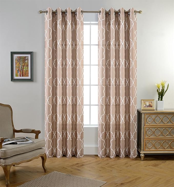 MIUCO Moroccan Embroidery Semi Sheers Curtain Faux Linen Grommet Window Curtains for Office 52 x 95 Inch 2 Panels, Taupe-Ruum Studio Home