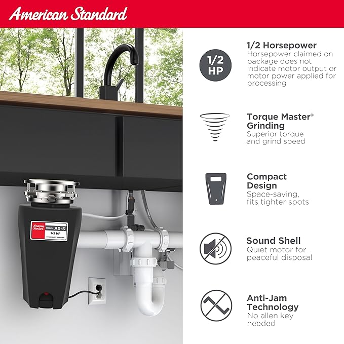 American Standard 10-US-AS-5 Garbage Disposal Anti-Jam Stainless Steel Food Waste Grinding System, Slim Line, 1/2 HP, Black-Ruum Studio Home