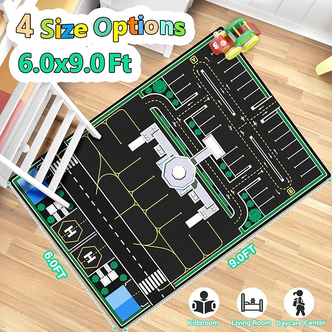 Kids Rug, Road Carpet for Kids with Combined City Road Traffic System, Car Rug and Airport Play Mat, 6x9 Ft Children’s Play Rugs for Playroom, Children’s City Traffic Map Fun Car Mat,Non-Slip-Ruum Studio Home