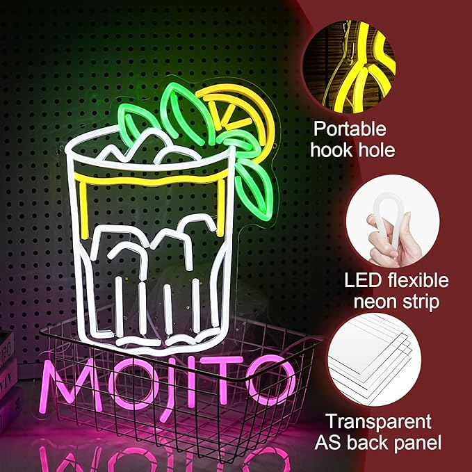 Mojito Neon Sign Mojito Cocktail Neon Light for Wall Decor Dimmable LED USB Powered Mojito Light Up Sign for Bar Club Party Home Bar Man Cave Living Room (16.7 * 12.8In)