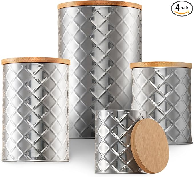 Pebble & Stem® Silver Stainless Steel Canister Set for Kitchen Counter, Food-Grade Canister Set of 4, Airtight Lids, Sugar and Flour Containers for Countertop, Coffee and Tea Storage, Farmhouse Decor-Ruum Studio Home
